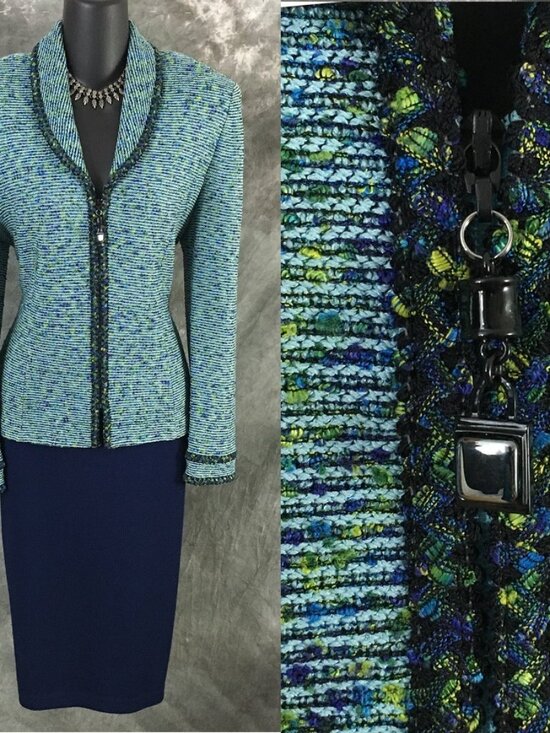 St. John Dresses & Skirts - BEAUTIFUL St John collection knit blue multi jacket skirt suit size 8
